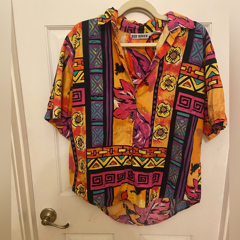VINTAGE 80’s 90’s Red Rover Short Sleeve Button Down Size Large - Neon Print